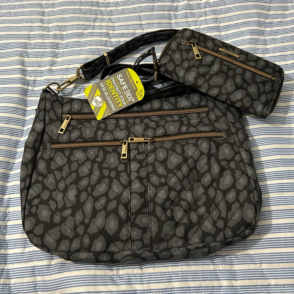 Travelon Crossbody Purse w/ Matching Wallet ~ Gray/Black ~ EUC